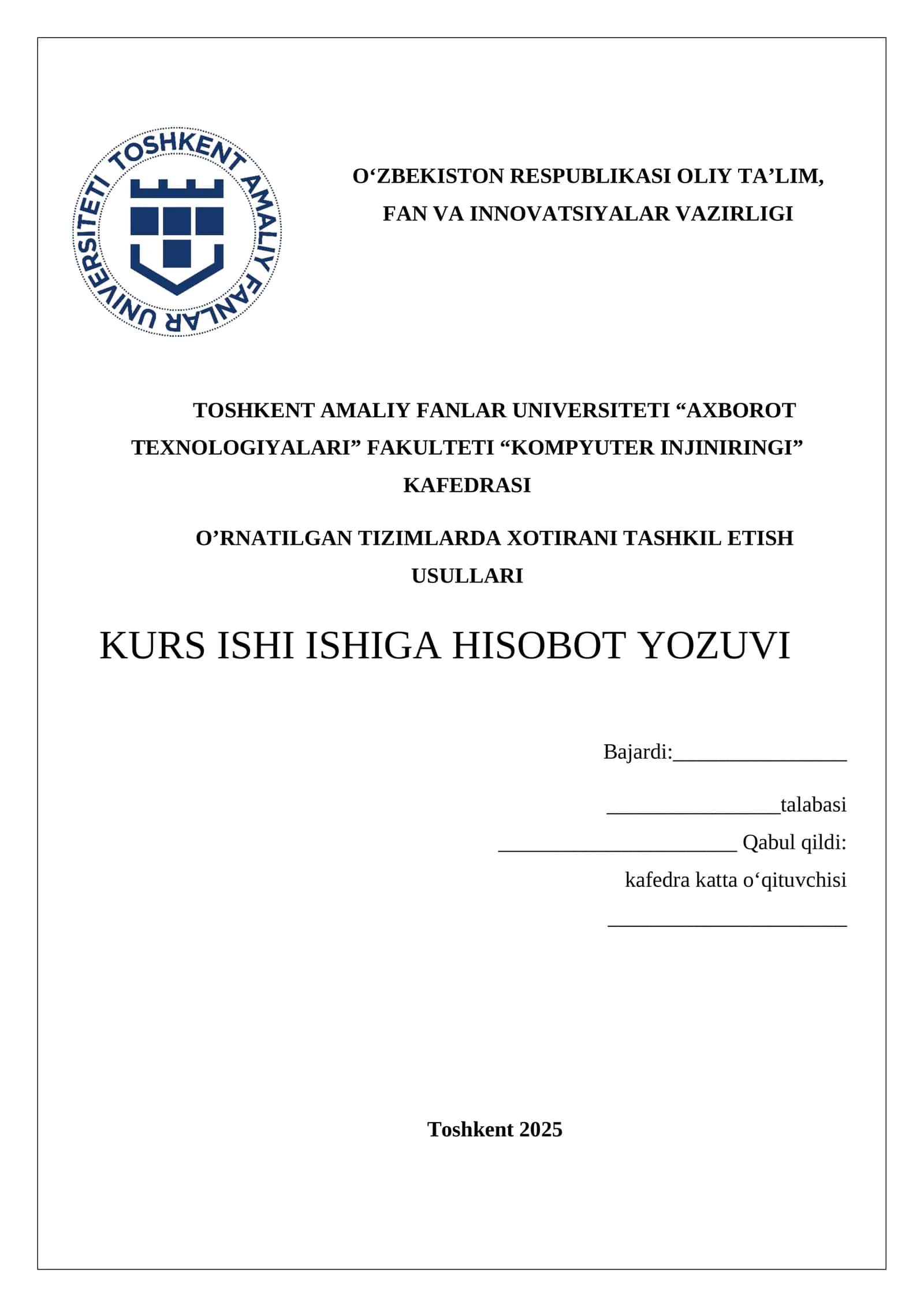 O‘RNATILGAN TIZIMLARDA XOTIRANI TASHKIL ETISH USULLARI 1