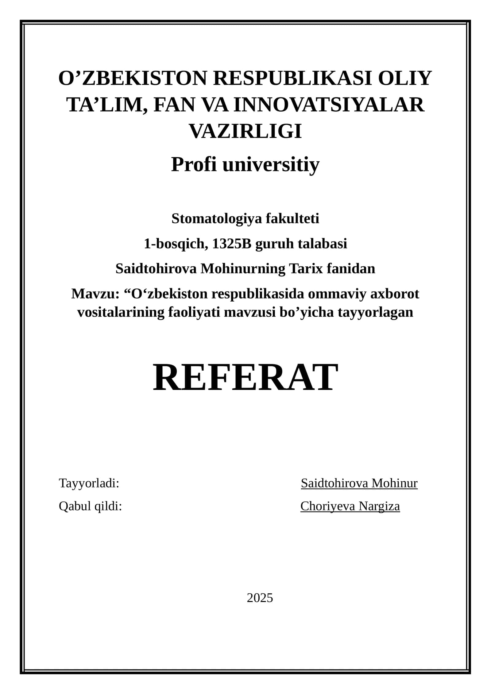 O'zbekiston Respublikasida Ommaviy Axorot Vositalarining Faoliyati 1