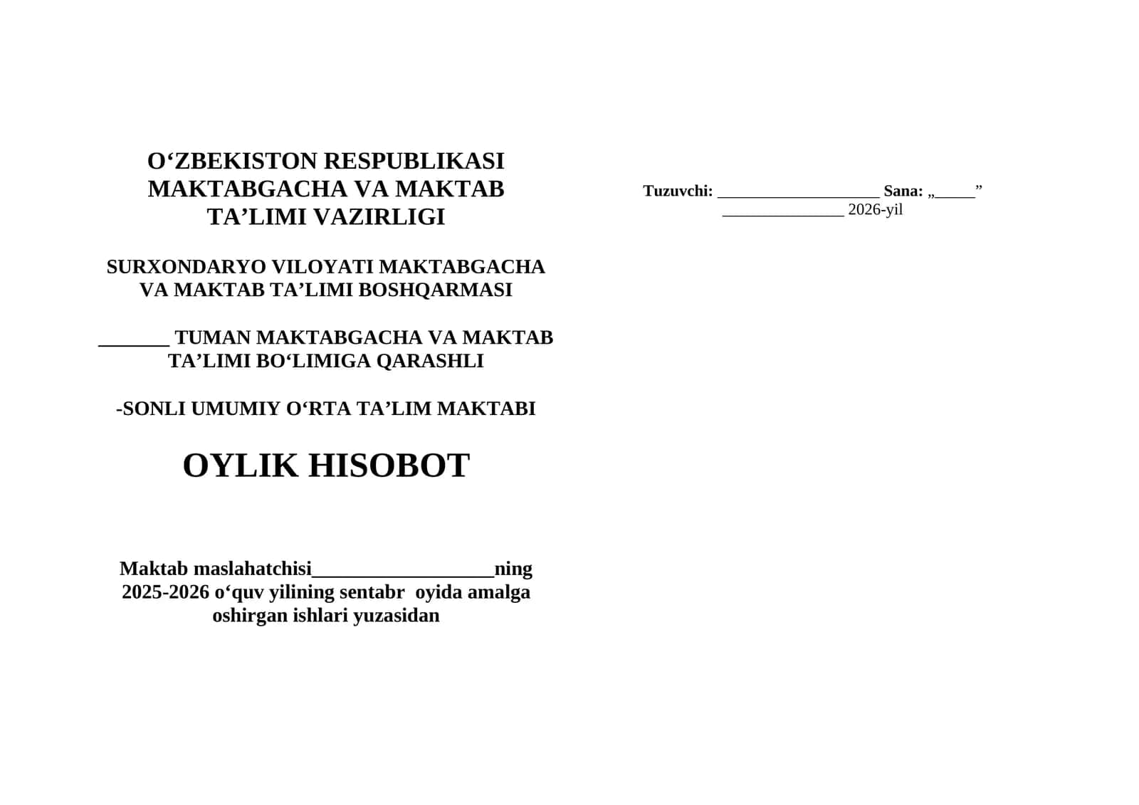 MAKTAB MASLAHATCHISI OYLIK HISOBOT 2026 YIL 1