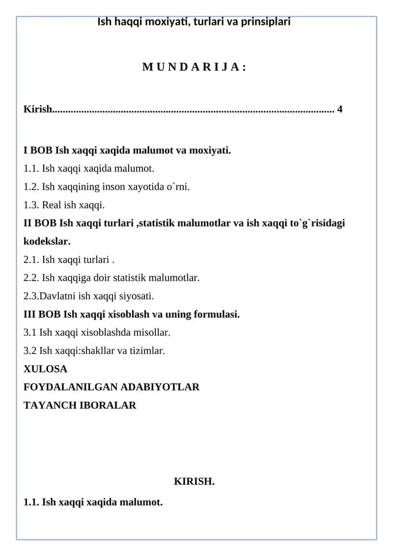Ish haqqi mohiyati, turlari va prinsiplari 1
