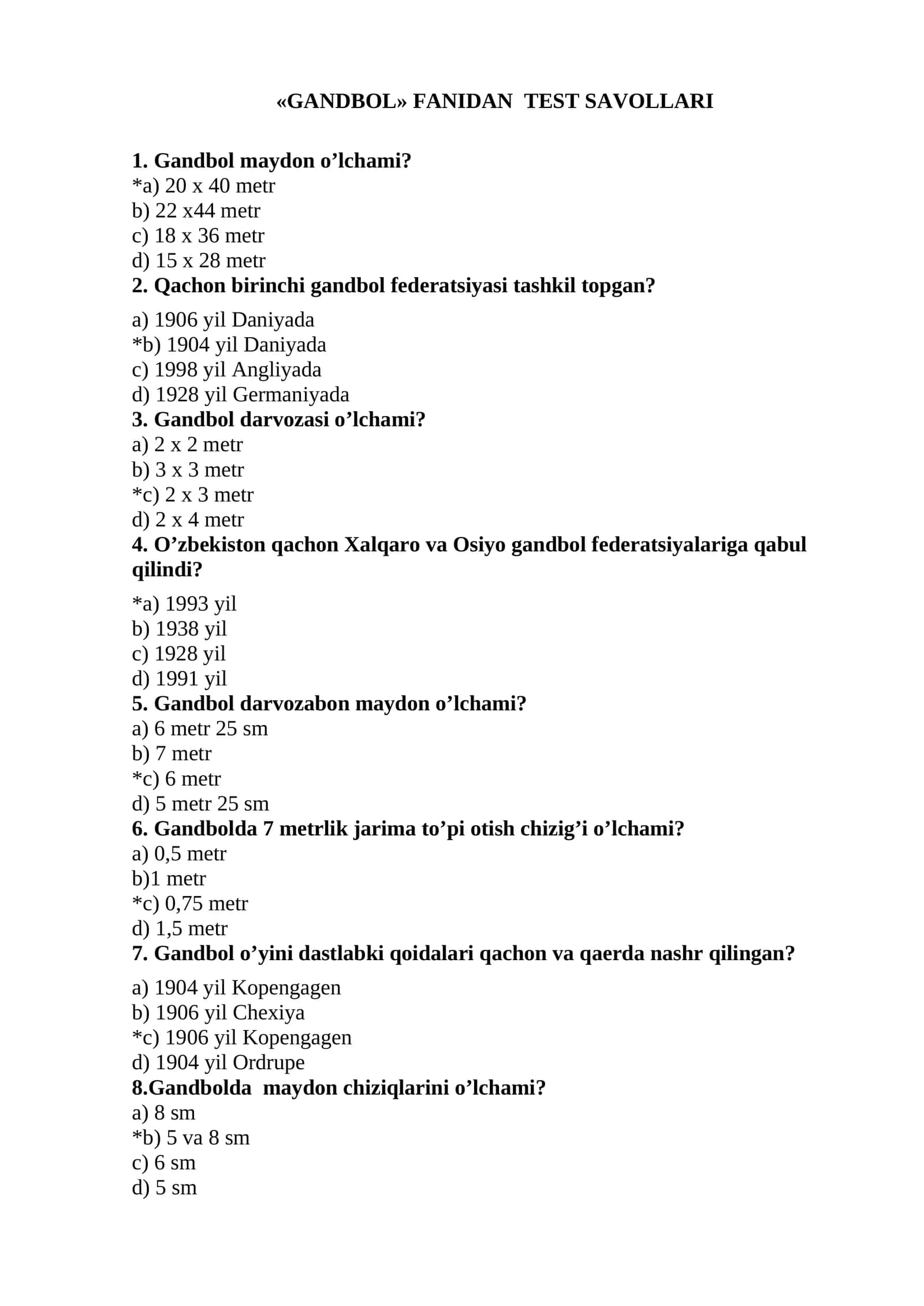 «GANDBOL» FANIDAN  TЕST SAVОLLARI 1