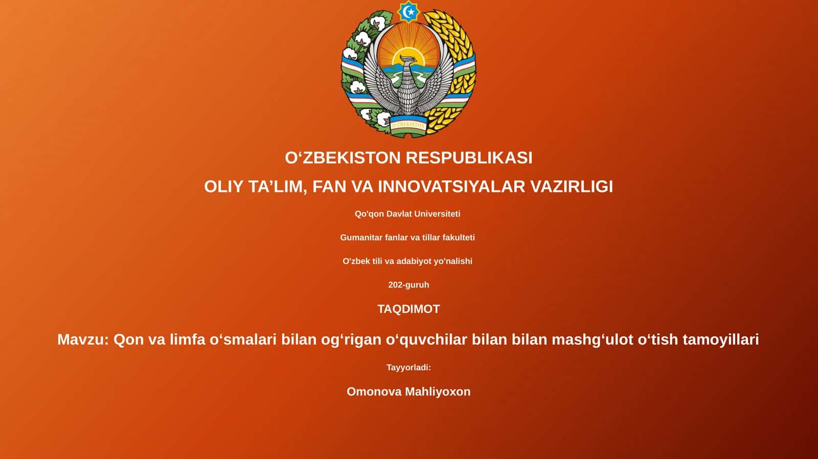 Qon va limfa oʻsmalari bilan ogʻrigan oʻquvchilar bilan mashgʻulot oʻtish tamoyillari 1