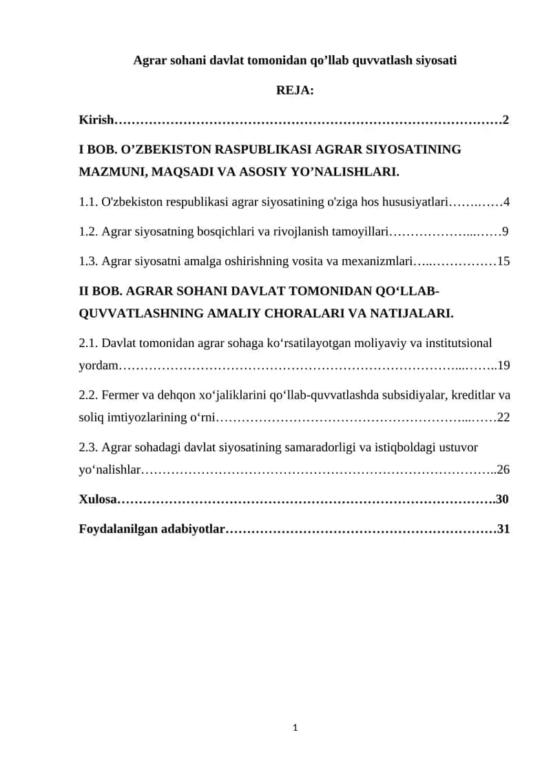 Agrar sohani davlat tomonidan qo’llab quvvatlash siyosati 1
