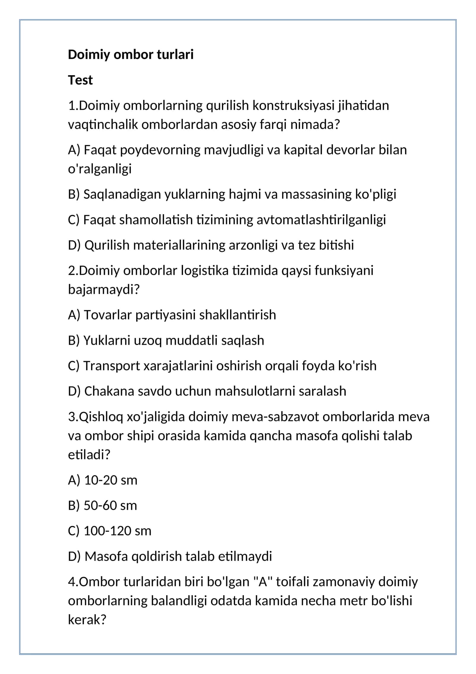 doimiy ombor turlari test 50 ta 1