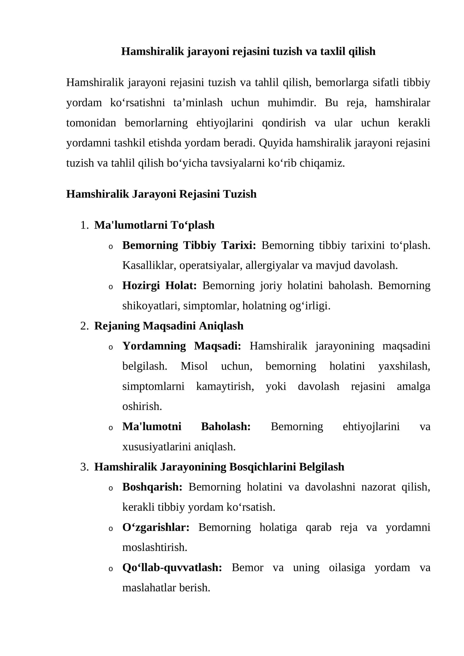 Hamshiralik Jarayoni Rejasini Tuzish va Taxlil Qilish 1