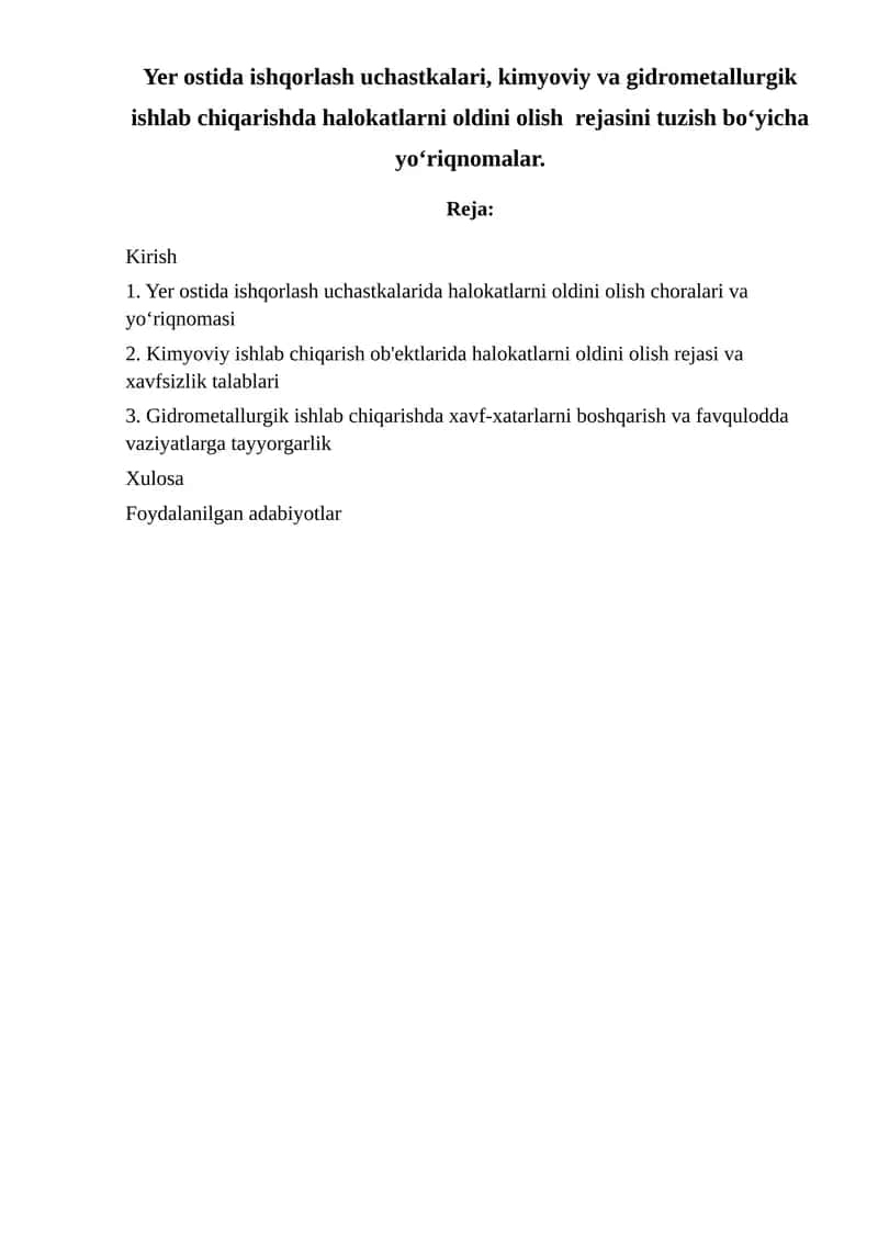 Yer ostida ishqorlash uchastkalari, kimyoviy va gidrometallurgik ishlab chiqarishda halokatlarni oldini olish rejasini tuzish bo‘yicha yo‘riqnomalar 1