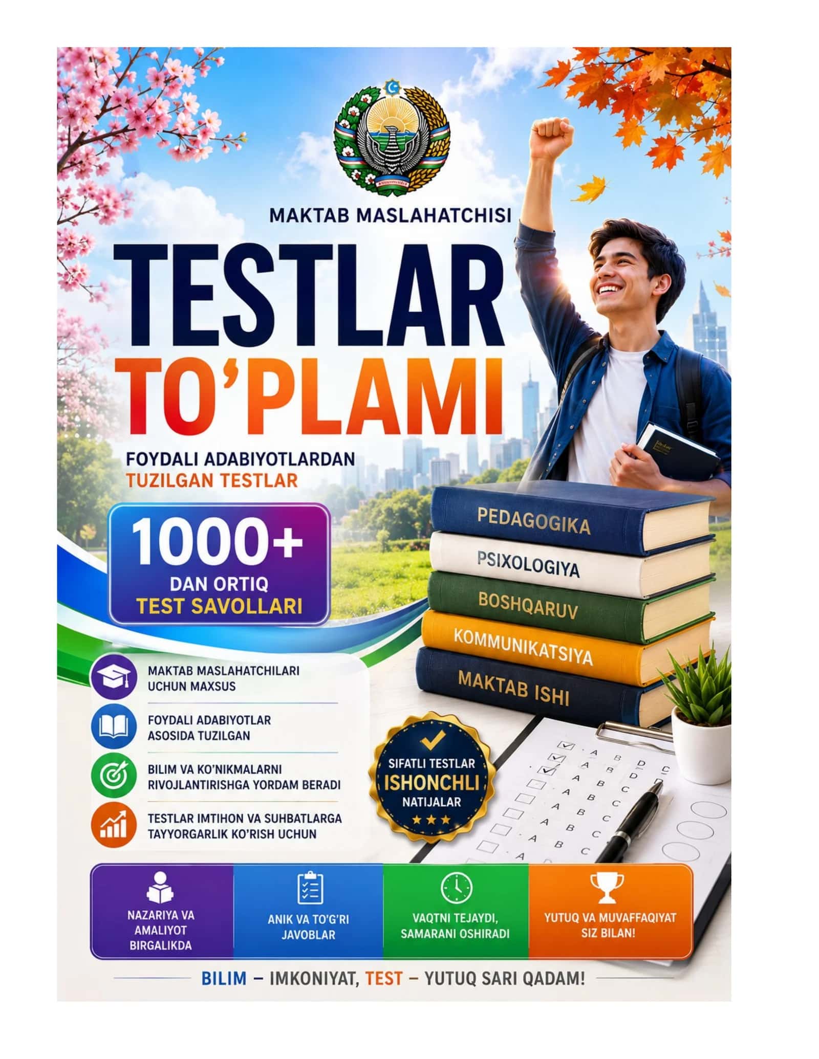 Maktab maslaxatchisi 1000 ta test javoblari bilan 1