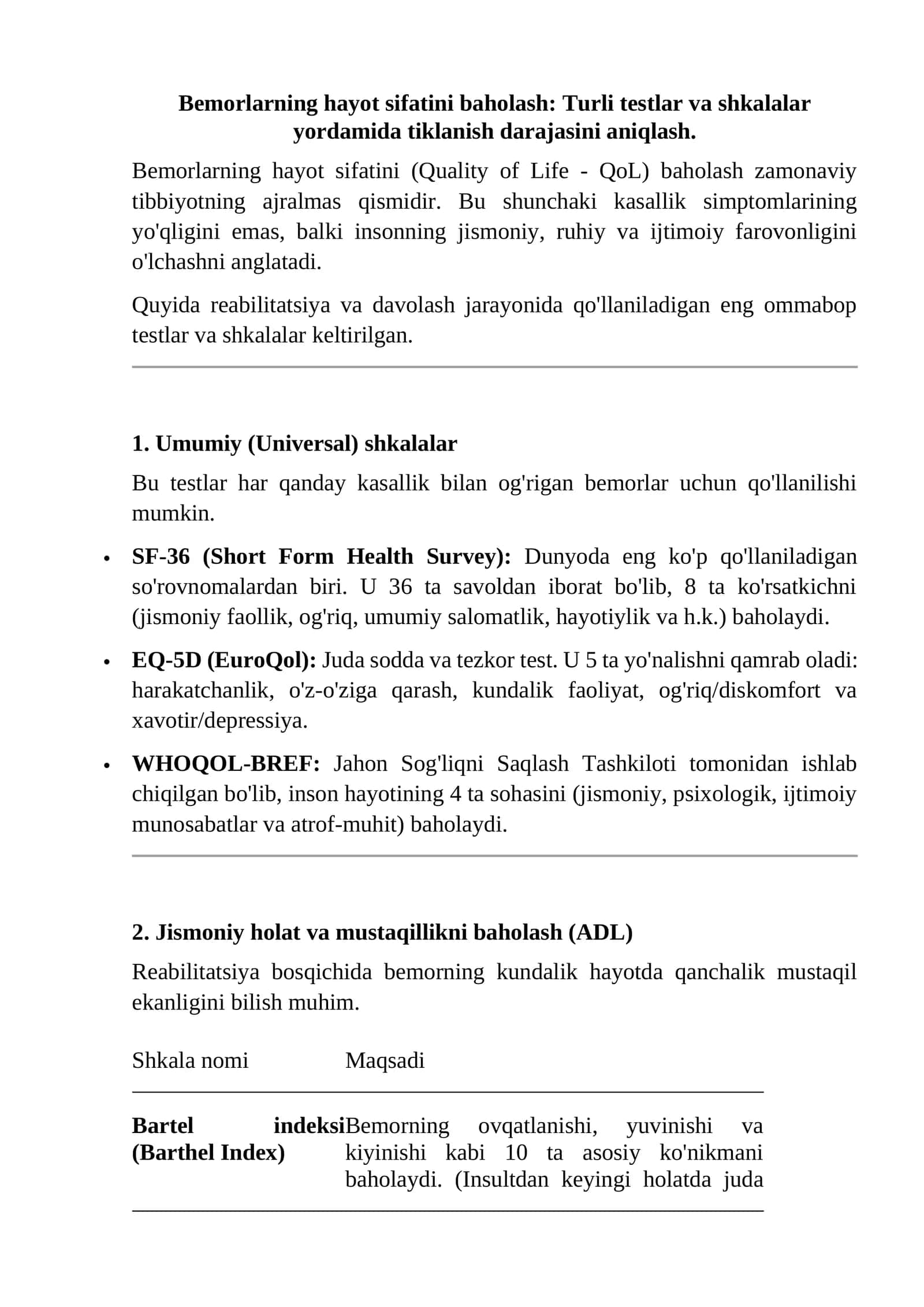 Bemorlarning hayot sifatini baholash 1