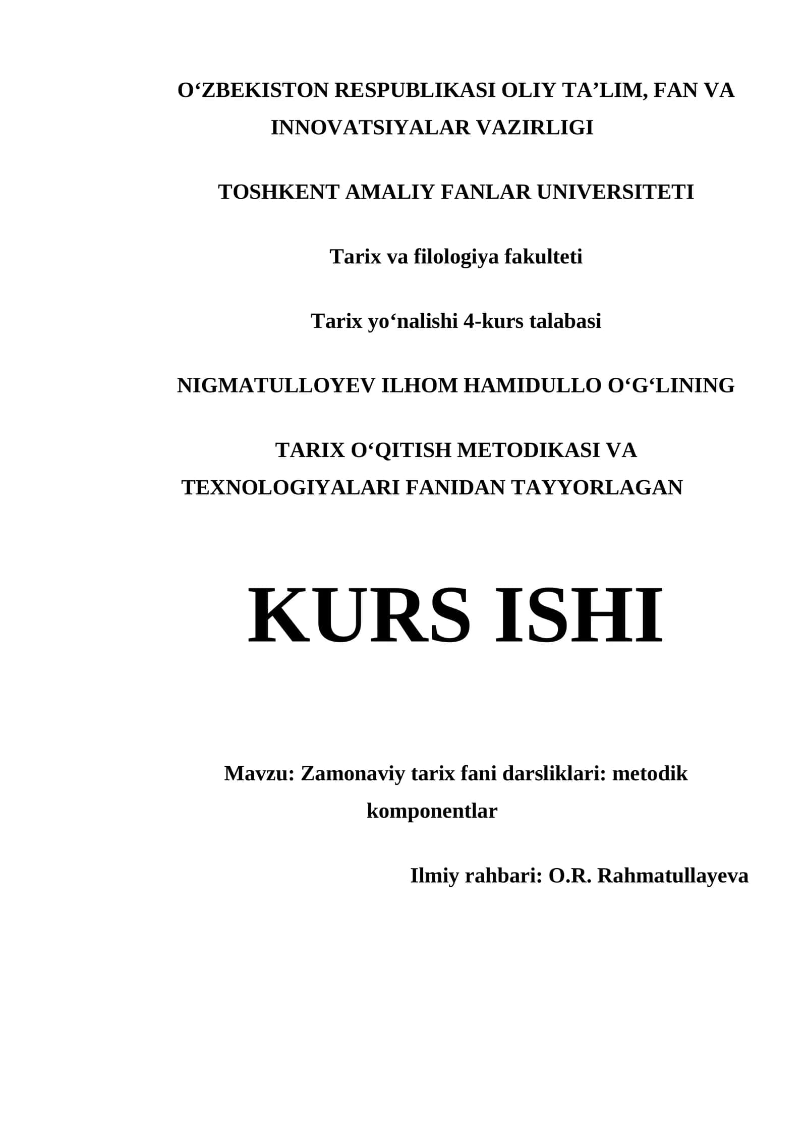ZAMONAVIY TARIX FANI DARSLIKLARI: METODIK KOMPONENTLAR 1