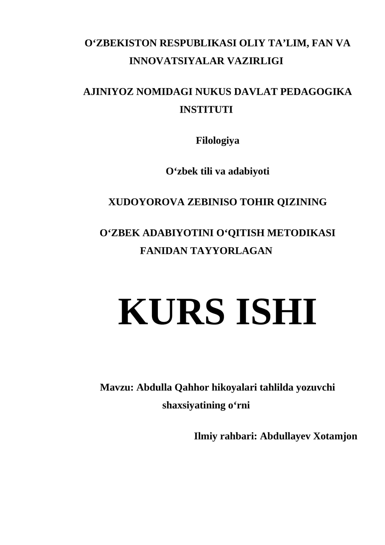 ABDULLA QAHHOR HIKOYALARI TAHLILDA YOZUVCHI SHAXSIYATINING OʻRNI 1