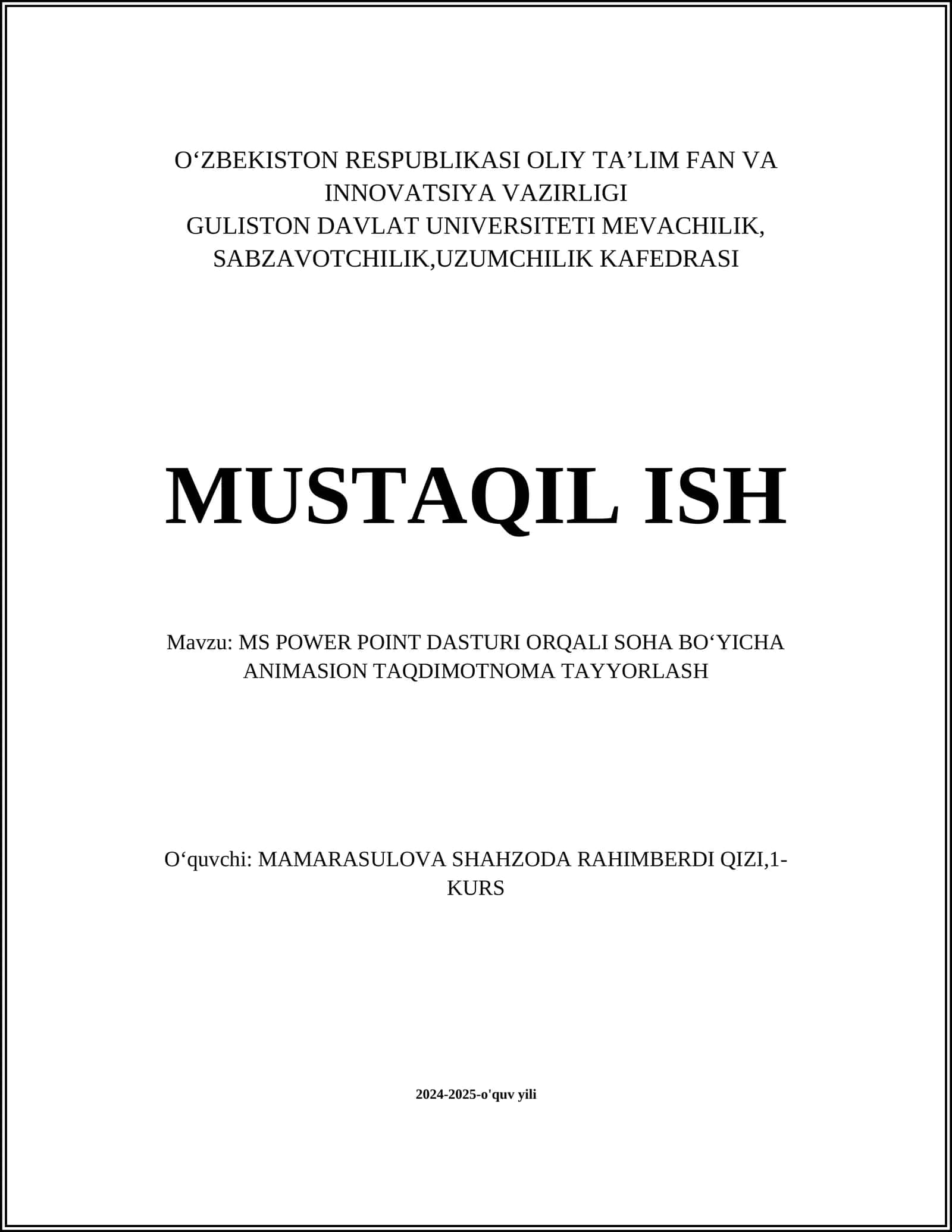 MS POWER POINT DASTURI ORQALI SOHA BOʻYICHA ANIMASION TAQDIMOTNOMA TAYYORLASH 1