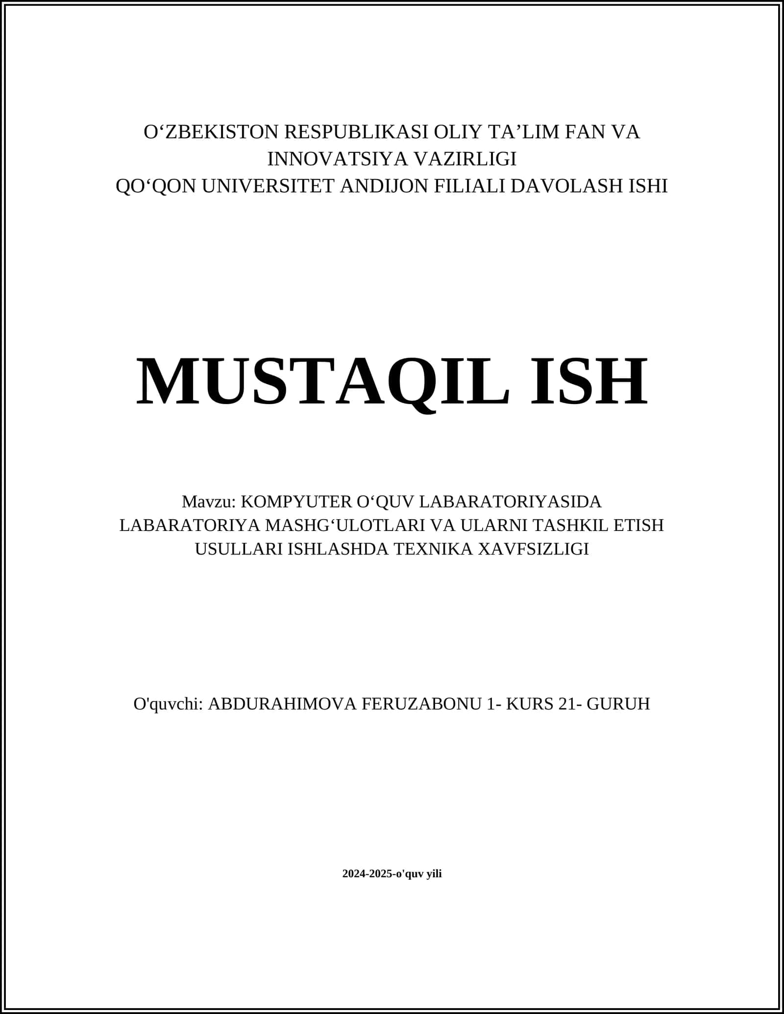 KOMPYUTER OʻQUV LABARATORIYASIDA LABARATORIYA MASHGʻULOTLARI VA ULARNI TASHKIL ETISH USULLARI ISHLASHDA TEXNIKA XAVFSIZLIGI 1