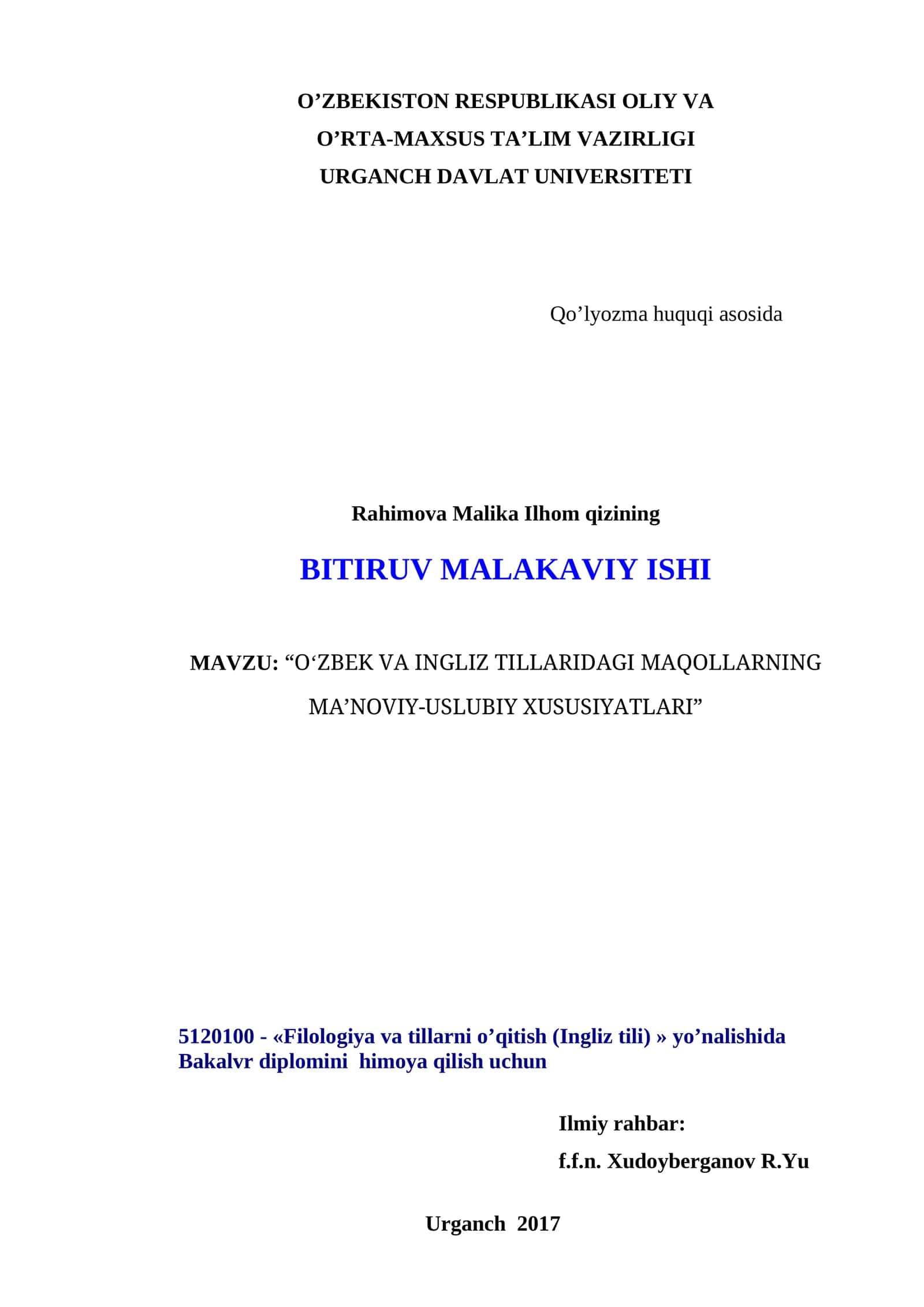 O‘ZBEK VA INGLIZ TILLARIDAGI MAQOLLARNING MA’NOVIY-USLUBIY XUSUSIYATLARI 1