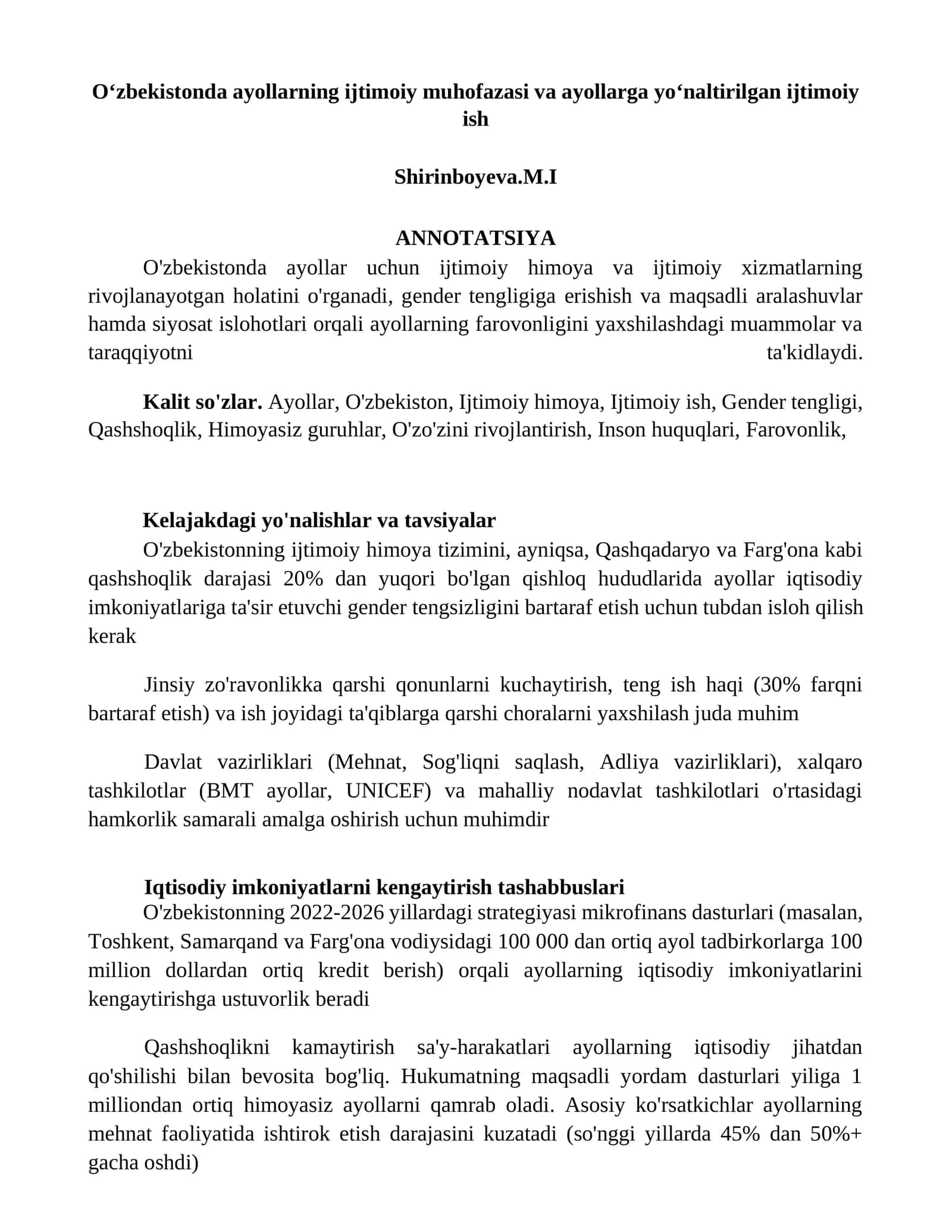O'zbekistonda ayollarning ijtimoiy muhofazasi va ayollarga yoʻnaltirilgan ijtimoiy ish 1