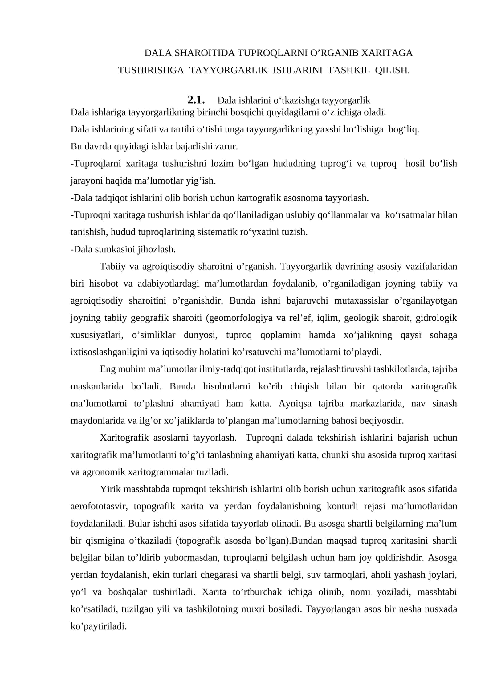 DALA SHAROITIDA TUPROQLARNI O’RGANIB XARITAGA TUSHIRISHGA TAYYORGARLIK ISHLARINI TASHKIL QILISH 1