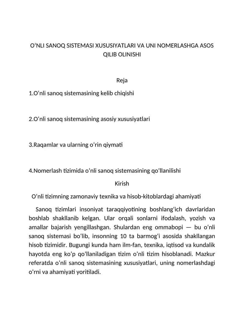 O‘NLI SANOQ SISTEMASI 1