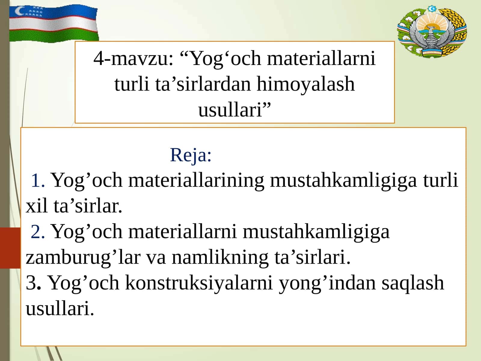 Yog‘och materiallarni turli ta’sirlardan himoyalash usullari 1