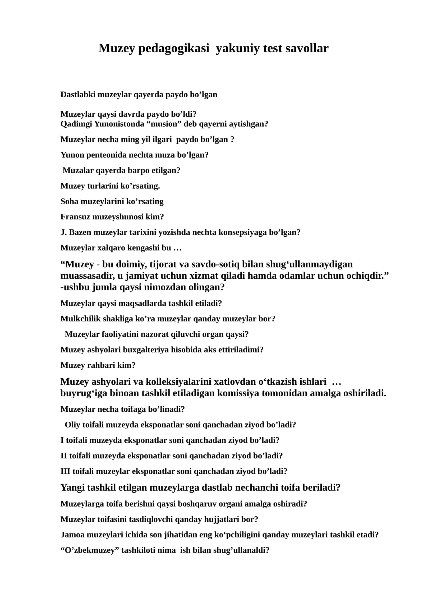 Muzey pedagogikasi yakuniy test savollar 1