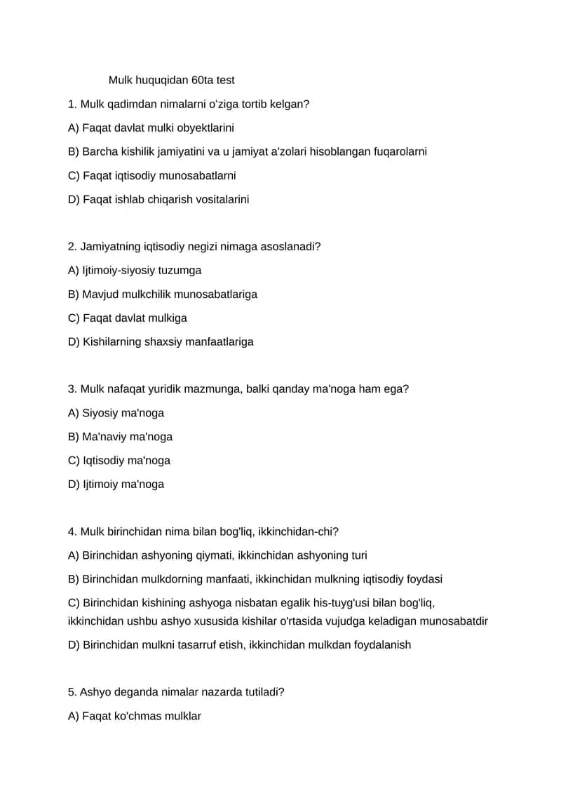Mulk huquqidan 60ta test 1