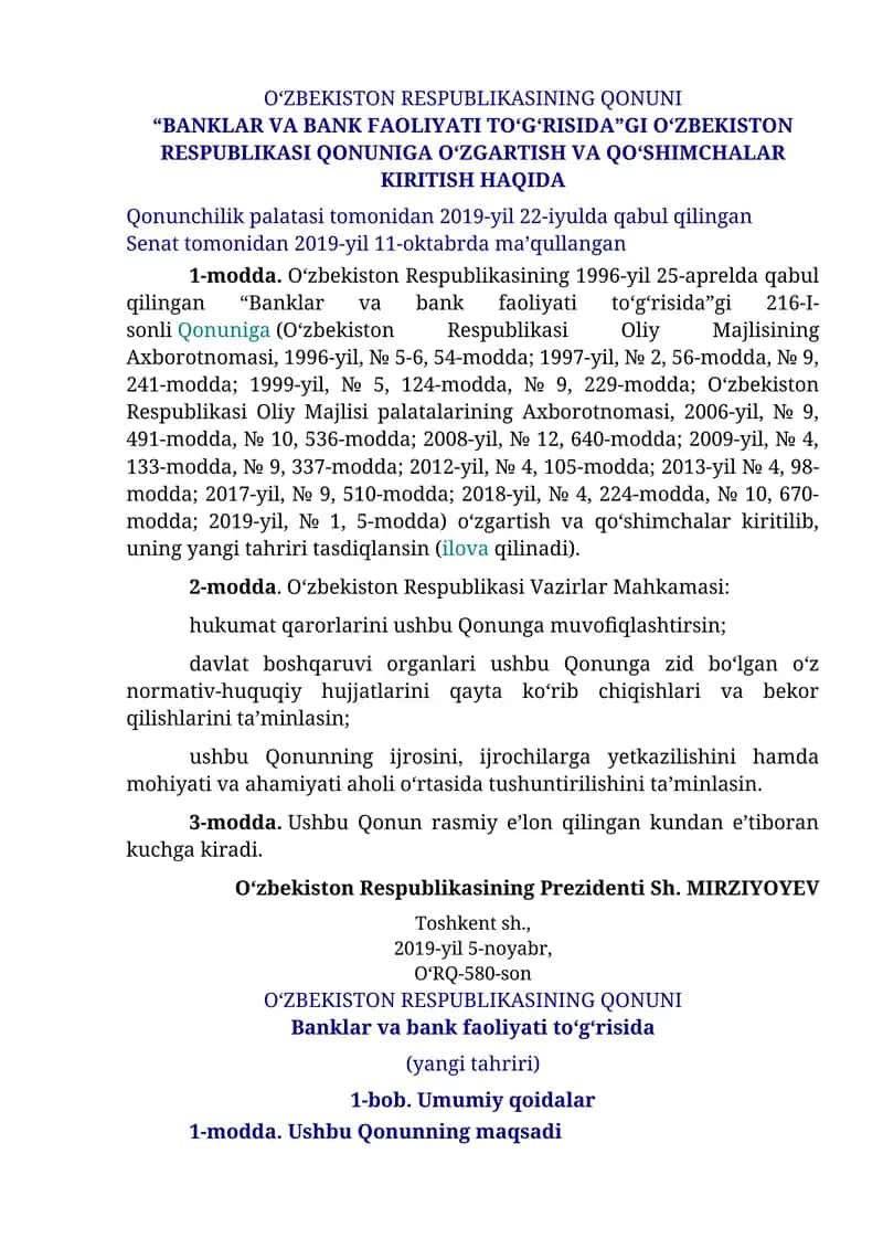 O‘zbekiston Respublikasining Qonuni “Banklar va bank faoliyati to‘g‘risida”gi O‘zbekiston Respublikasi Qonuniga O‘zgartish va Qo‘shimchalar Kiritish Haqida 1