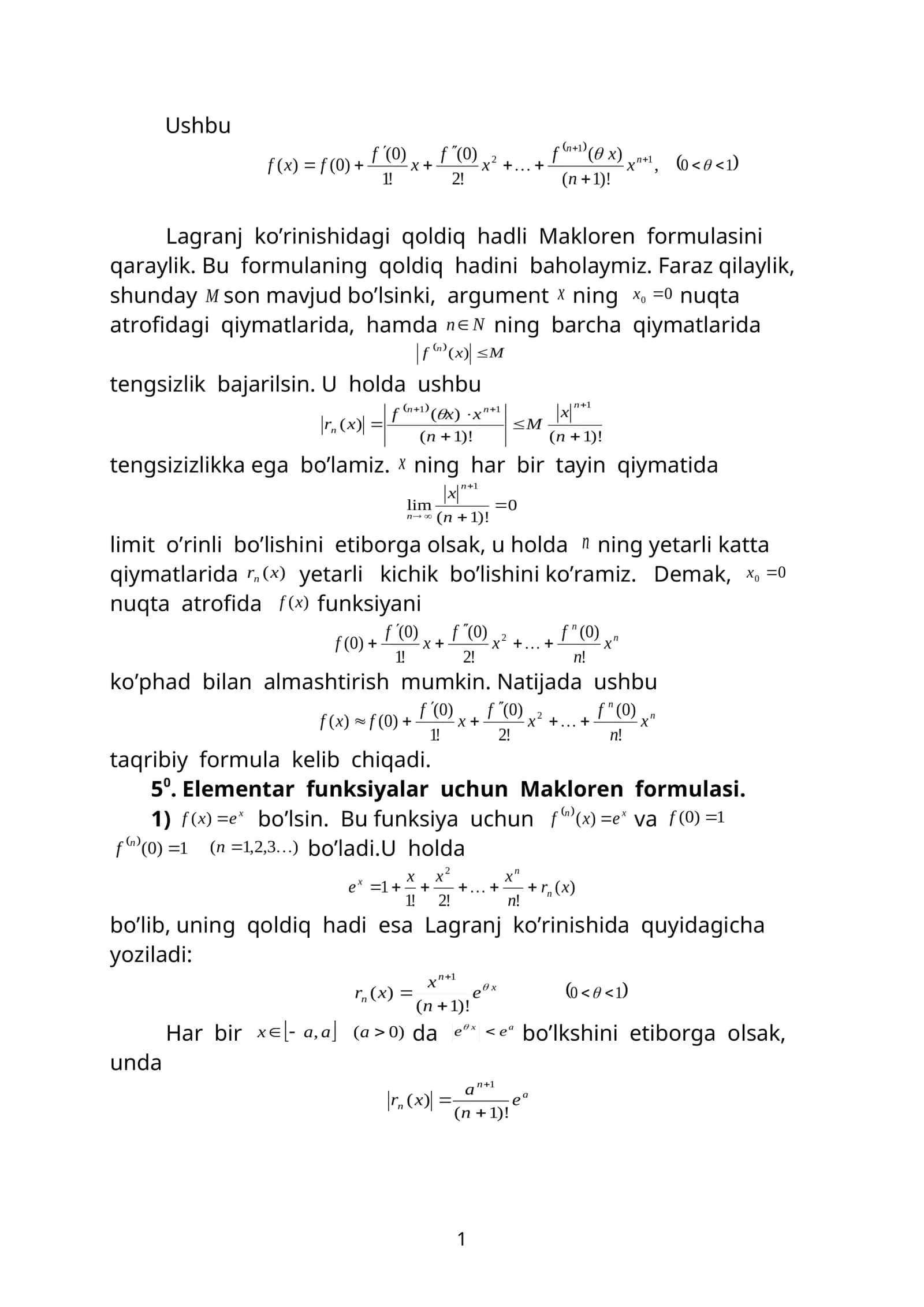 Lagranj ko’rinishidagi qoldiq hadli Makloren formulasini qaraylik 1