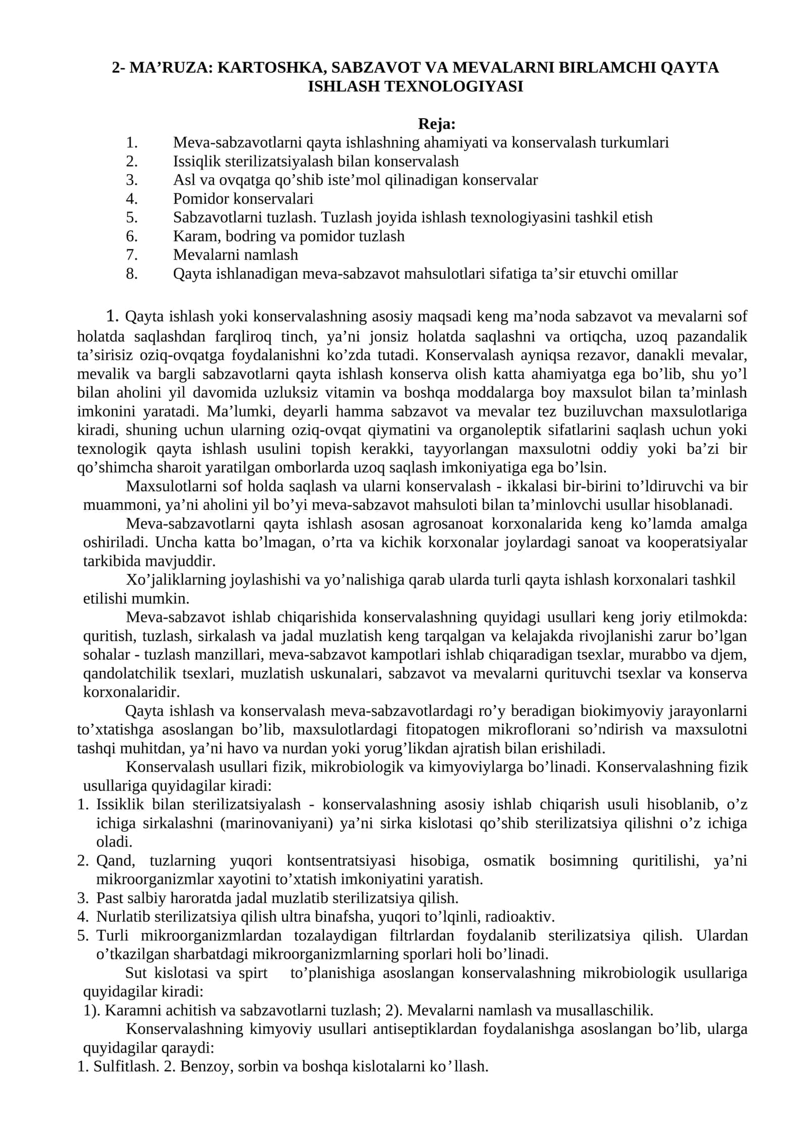 MA’RUZA: KARTOSHKA, SABZAVOT VA MEVALARNI BIRLAMCHI QAYTA ISHLASH TEXNOLOGIYASI 1