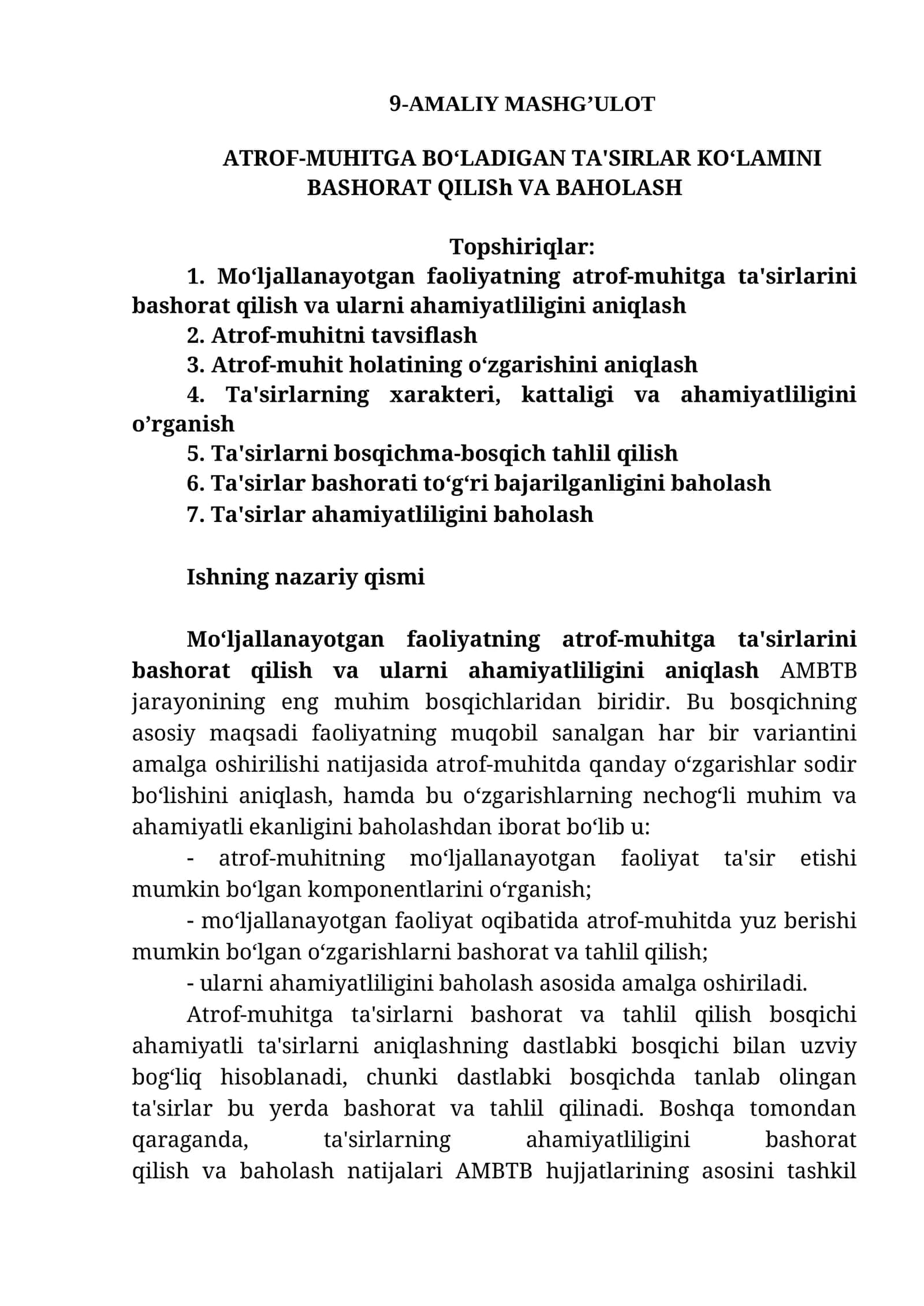 ATROF-MUHITGA BO‘LADIGAN TA'SIRLAR KO‘LAMINI BASHORAT QILISh VA BAHOLASH 1