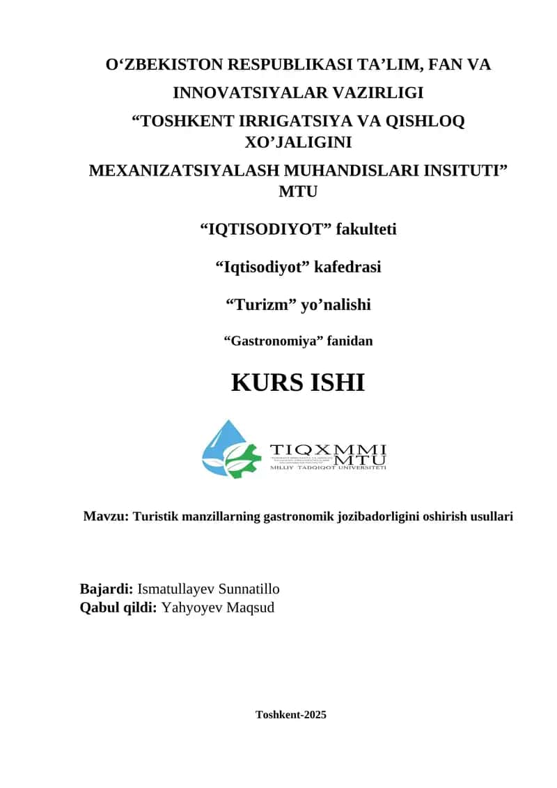 Turistik manzillarning gastronomik jozibadorligini oshirish usullari 1