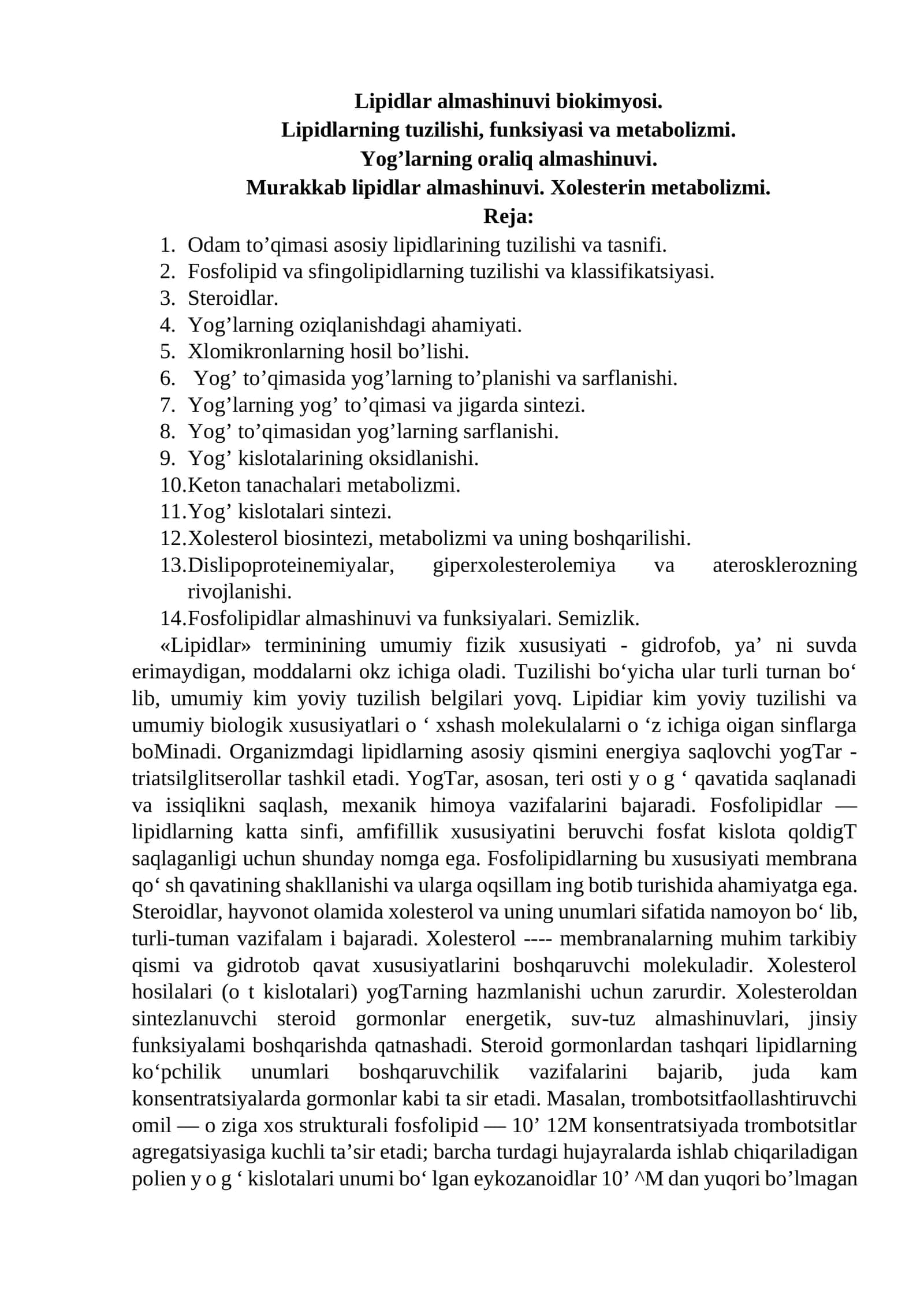 Lipidlar almashinuvi biokimyosi 1
