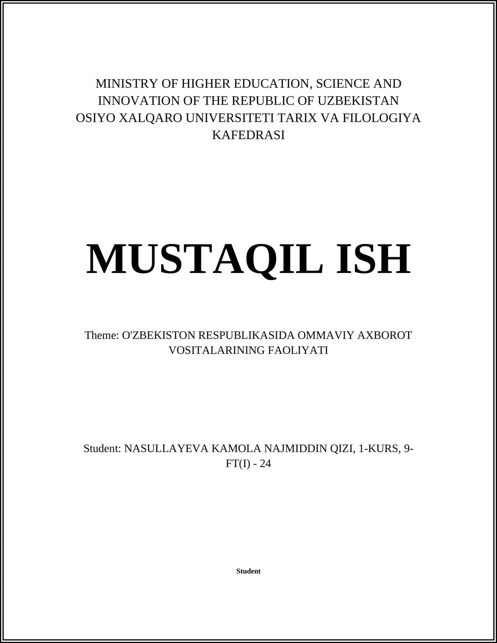 O'ZBEKISTON RESPUBLIKASIDA OMMAVIY AXBOROT VOSITALARINING FAOLIYATI 1