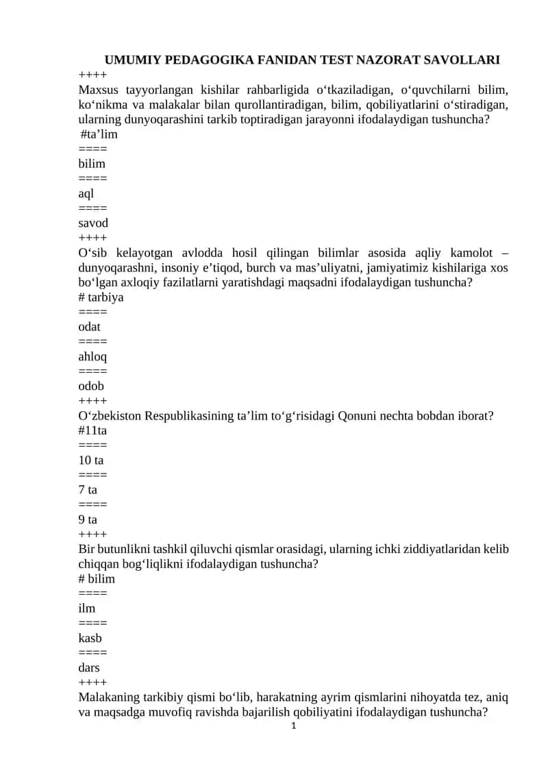 UMUMIY PEDAGOGIKA FANIDAN TEST NAZORAT SAVOLLARI 1