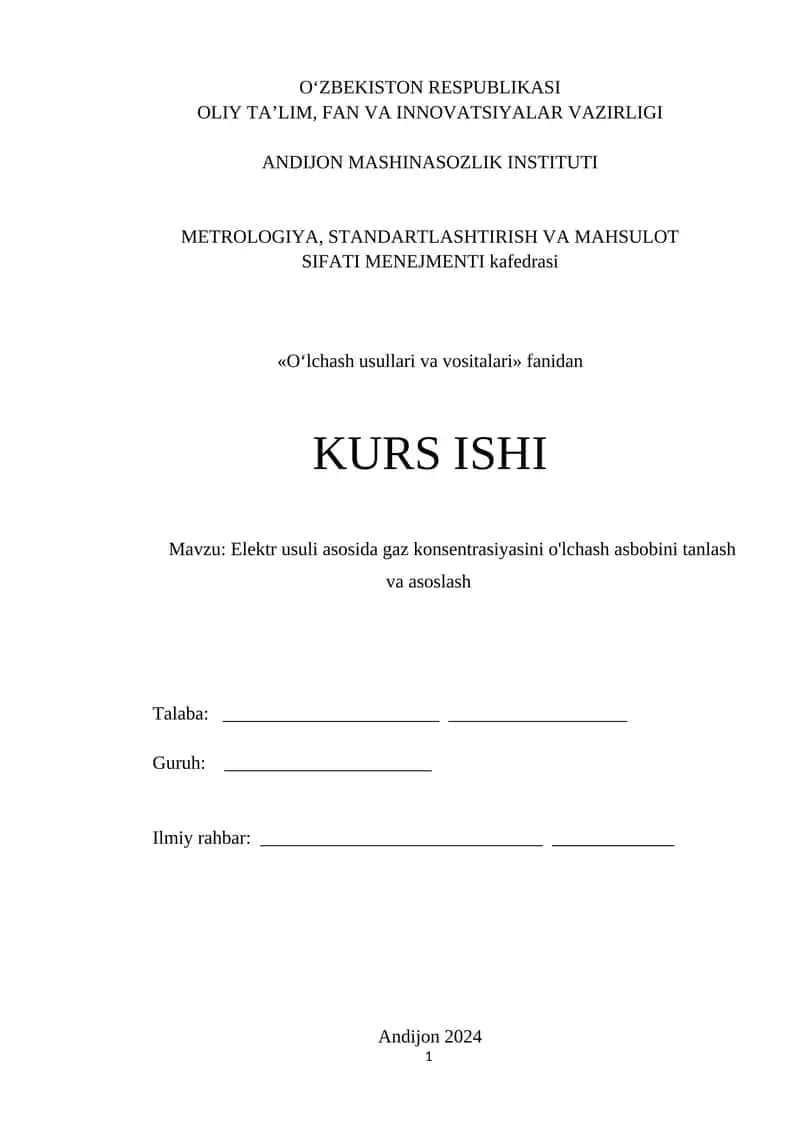 Elektr usuli asosida gaz konsentrasiyasini o'lchash asbobini tanlash va asoslash 1