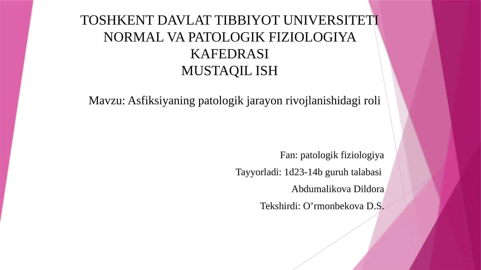 Asfiksiyaning patologik jarayon rivojlanishi davriga roli 1
