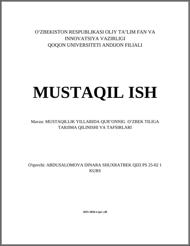 MUSTAQILLIK YILLARIDA QUR’ONNIG OʻZBEK TILIGA TARJIMA QILINISHI VA TAFSIRLARI 1
