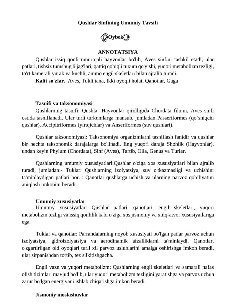 Qushlar Sinfining Umumiy Tavsifi 1