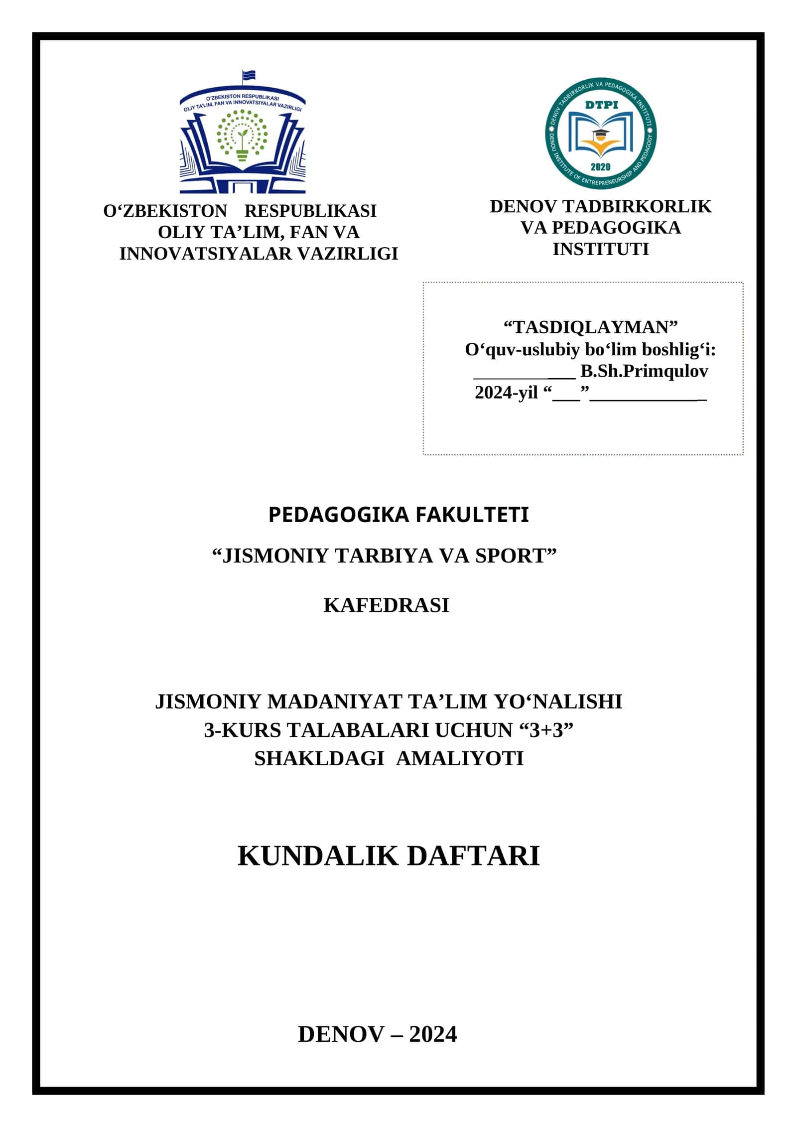 AMALIYOT KUNDALIK DAFTARI JISMONIY MADANIYAT 1