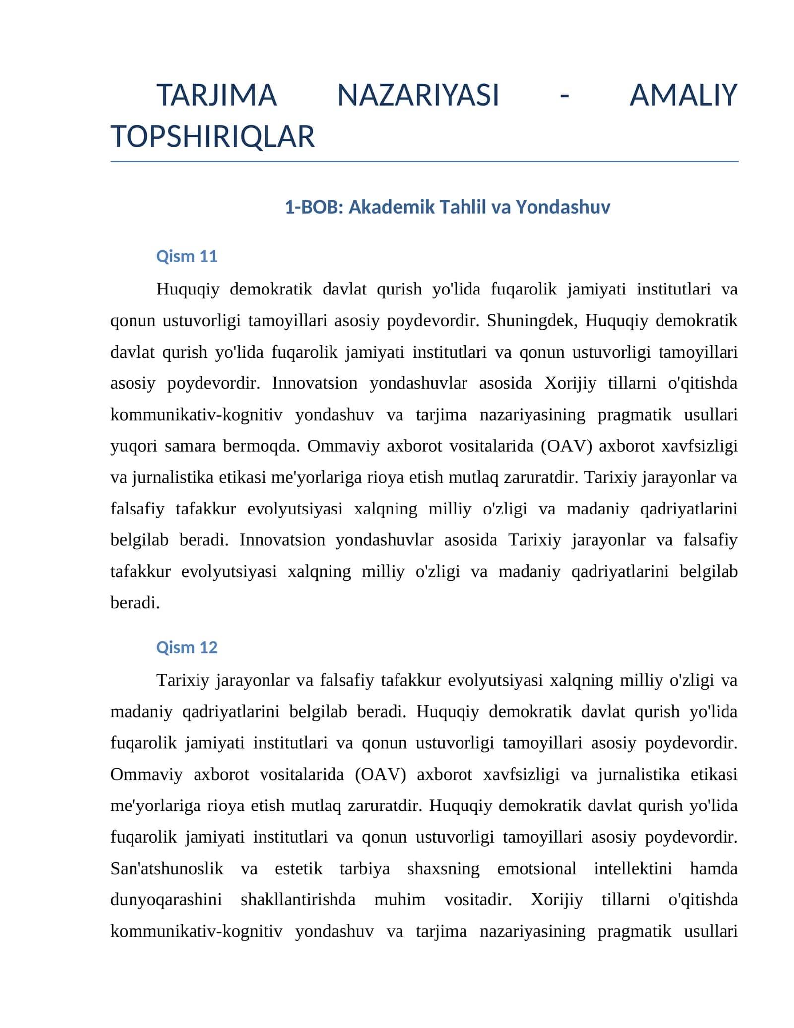 TARJIMA NAZARIYASI - AMALIY TOPSHIRIQLAR 1
