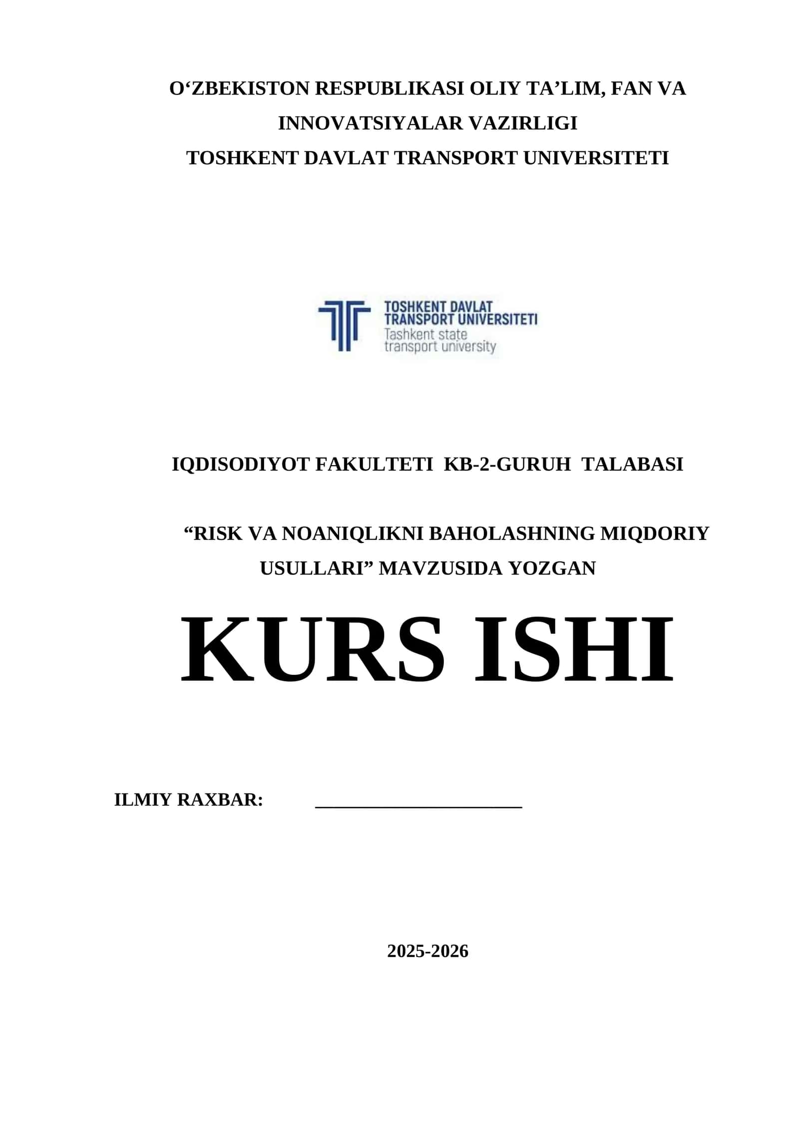 RISK VA NOANIQLIKNI BAHOLASHNING MIQDORIY USULLARI kurs ishi 1