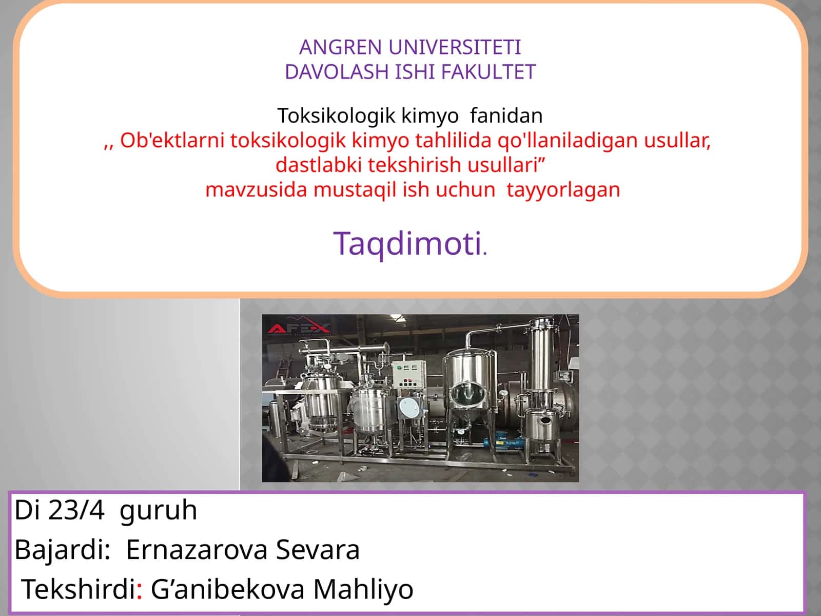 Toksikologik kimyo fanidan "Ob'ektlarni toksikologik kimyo tahlilida qo'llaniladigan usullar, dastlabki tekshirish usullari" mavzusidagi mustaqilish uchun tayyorlagan taqdimot 1