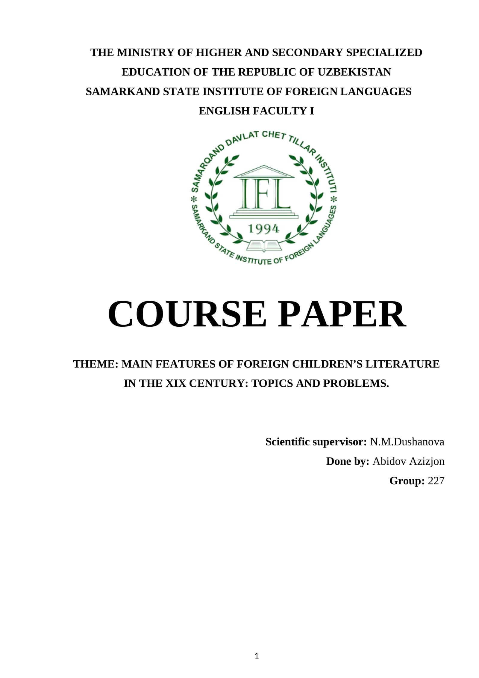 Course Paper on Main Features of Foreign Children’s Literature in the XIX Century 1