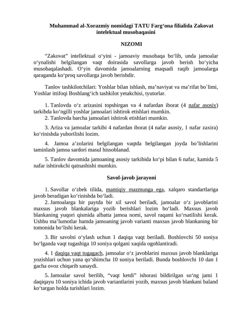 “Zakovat” intellektual o‘yini 1