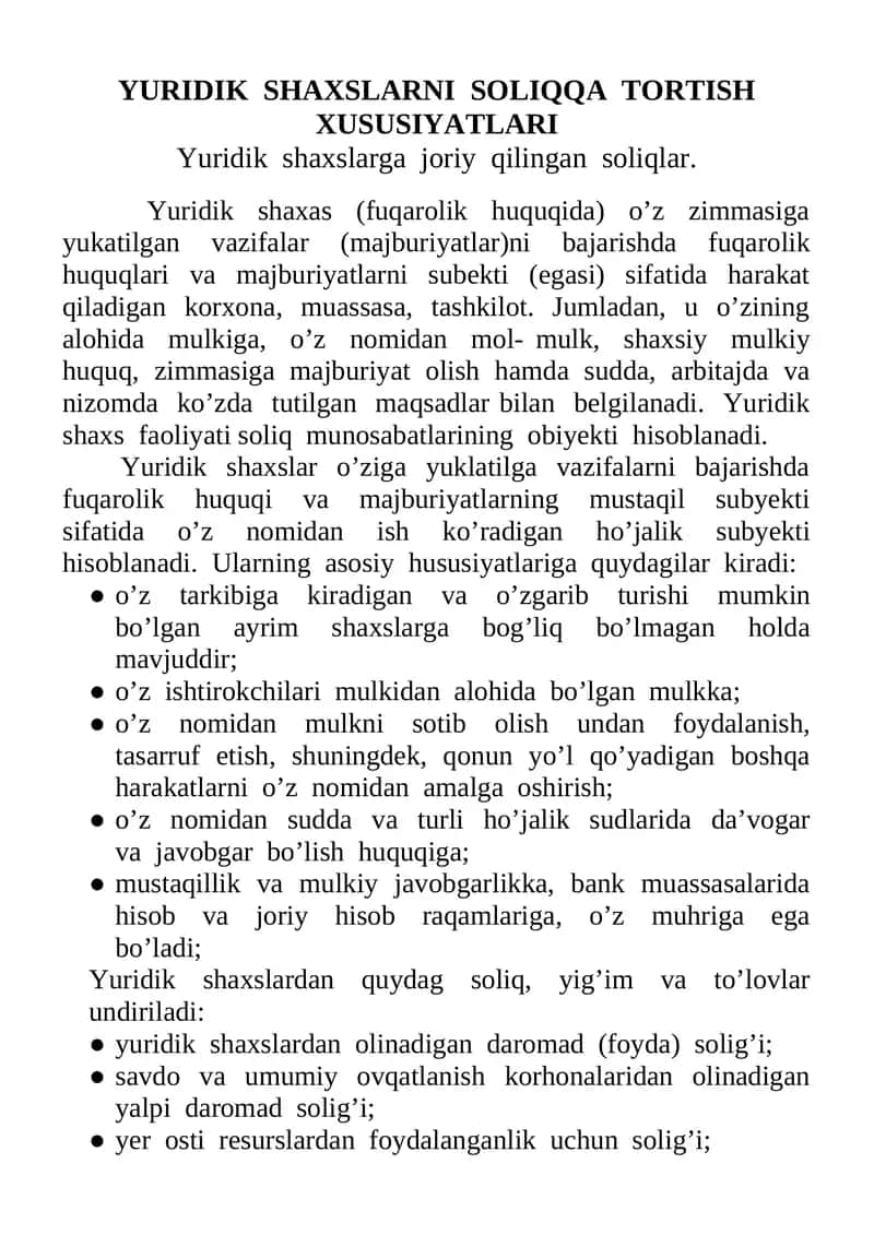 YURIDIK SHAXSLARNI SOLIQQA TORTISH XUSUSIYATLARI 1
