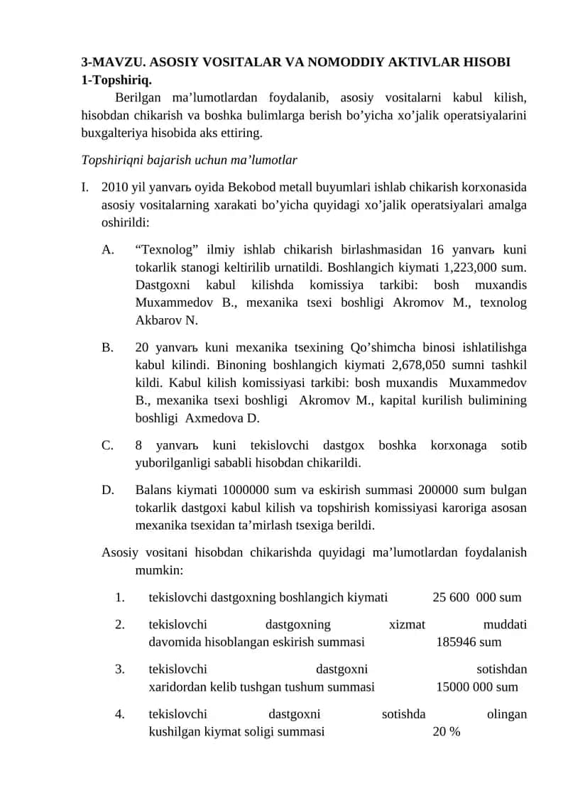 MAVZU. ASOSIY VOSITALAR VA NOMODDIY AKTIVLAR HISOBI 1