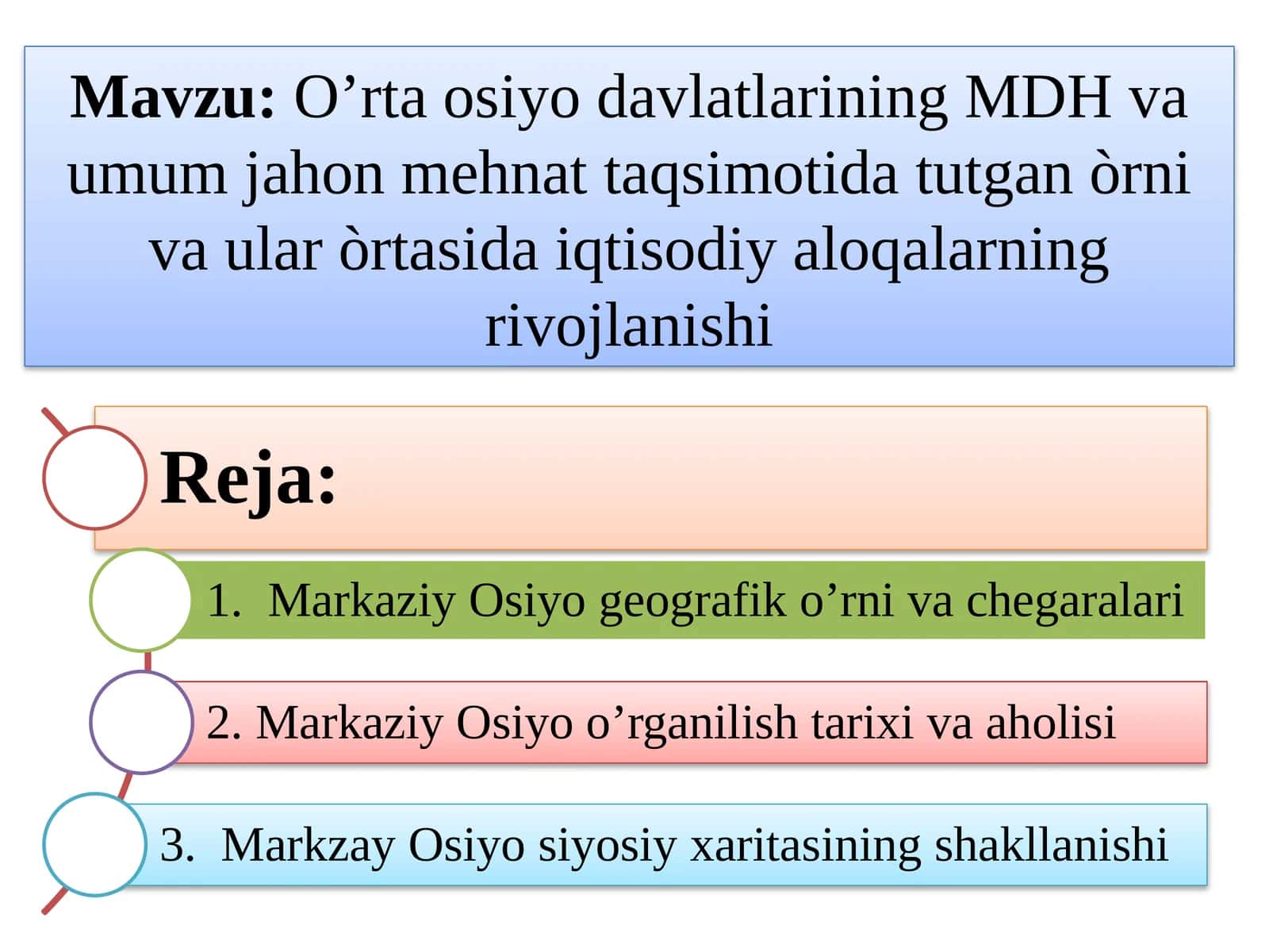 O’rta osiyo davlatlarining MDH va umumjahon mehnat taqsimotida tutgan o’rni va ular orasidagi iqtisodiy aloqalarning rivojlanishi 1