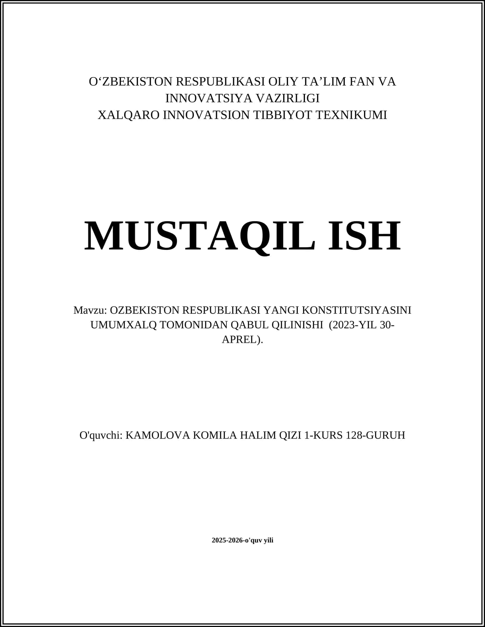 Mustaqil ish: OZBEKISTON RESPUBLIKASI YANGI KONSTITUTSIYASINI UMUMXALQ TOMONIDAN QABUL QILINISHI (2023-YIL 30-APREL) 1
