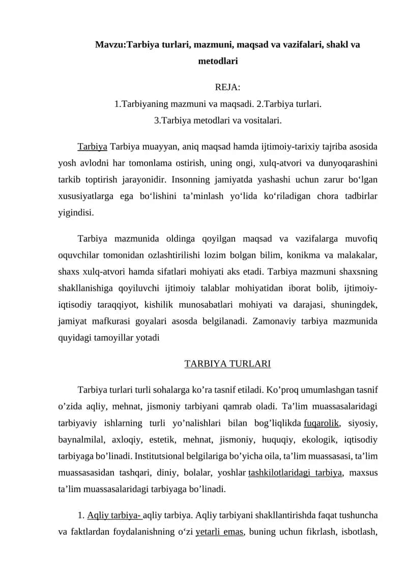 Tarbiya turlari, mazmuni, maqsad va vazifalari, shakl va metodlari 1