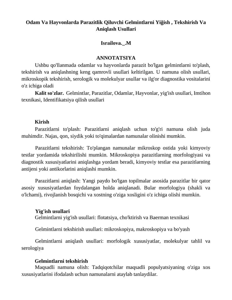 Odam Va Hayvonlarda Parazitlik Qiluvchi Gelmintlarni Yiğish, Tekshirish Va Aniqlash Usullari 1