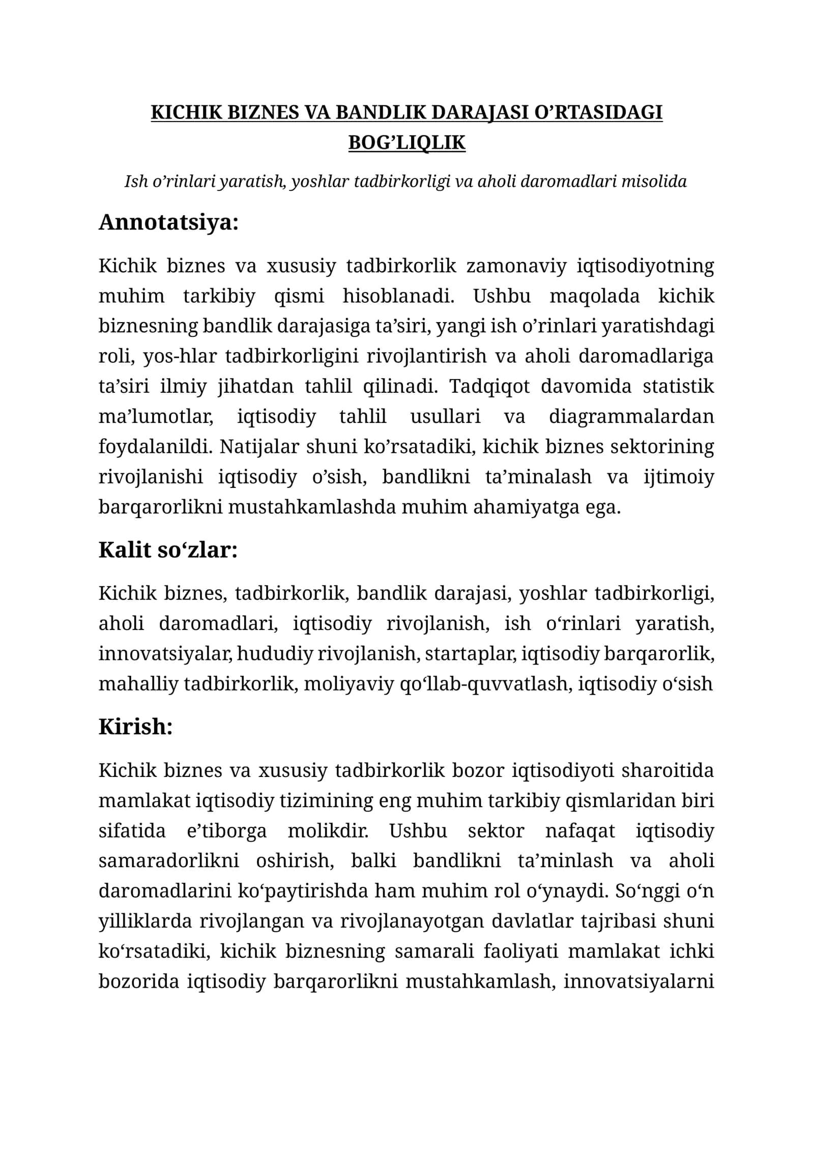 Kichik biznes va bandlik darajasi o'rtasidagi bog'liqlik 1