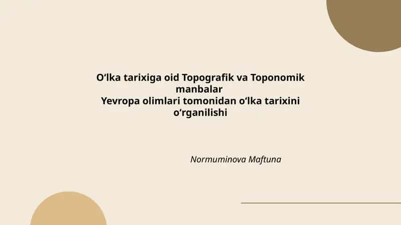Oʻlka tarixiga oid Topografik va Toponomik manbalar 1