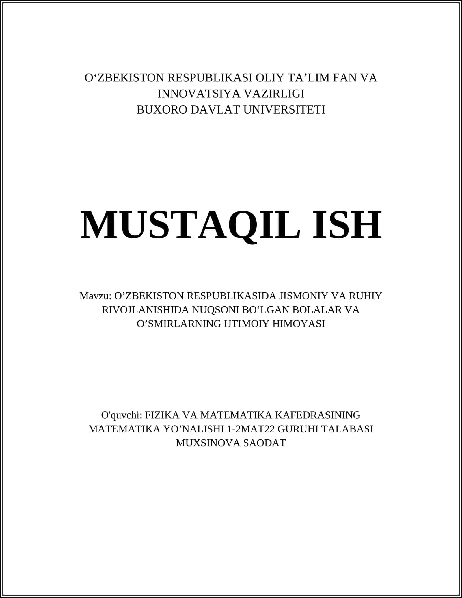 O‘ZBEKISTON RESPUBLIKASIDA JISMONIY VA RUHIY RIVOJLANISHIDA NUQSONI BO’LGAN BOLALAR VA O’SMIRLARNING IJTIMOIY HIMOYASI 1